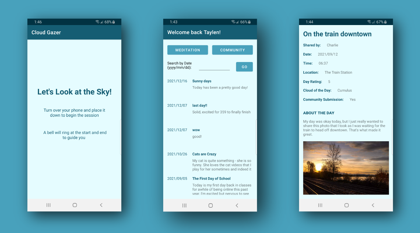 Screenshots of the Cloud Gazer App.