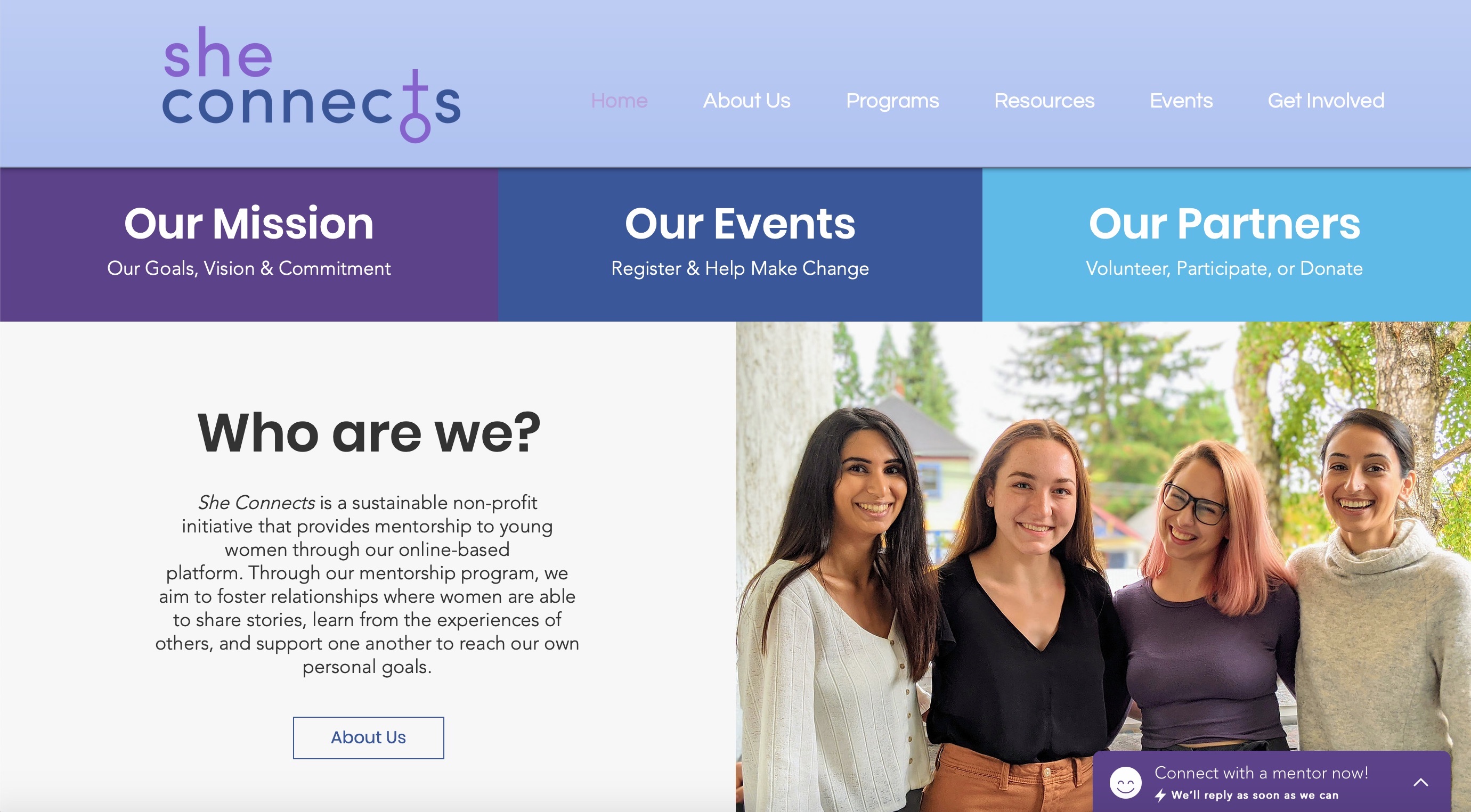 A snapshot of the She Connects website homepage.