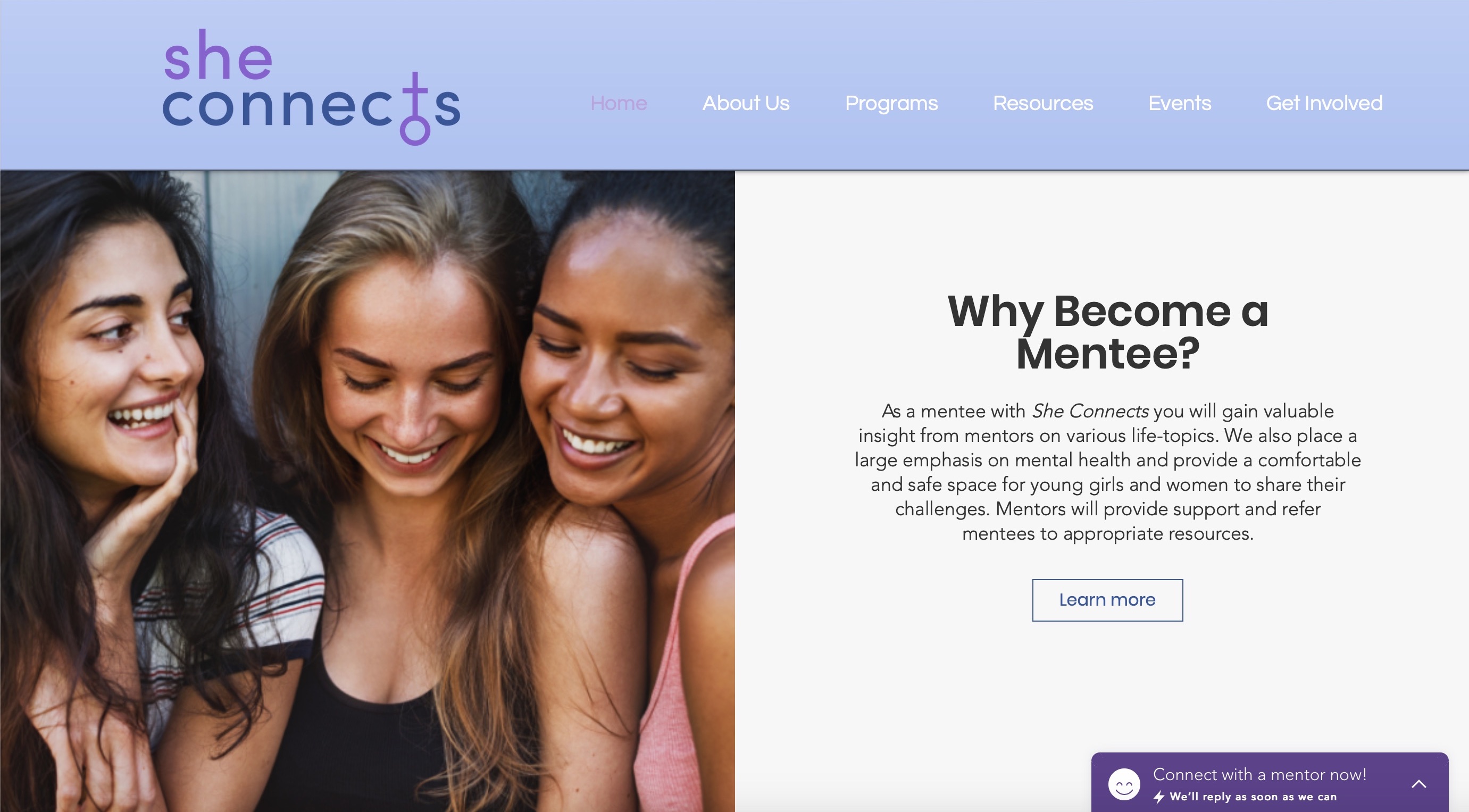 A snapshot of the She Connects website.