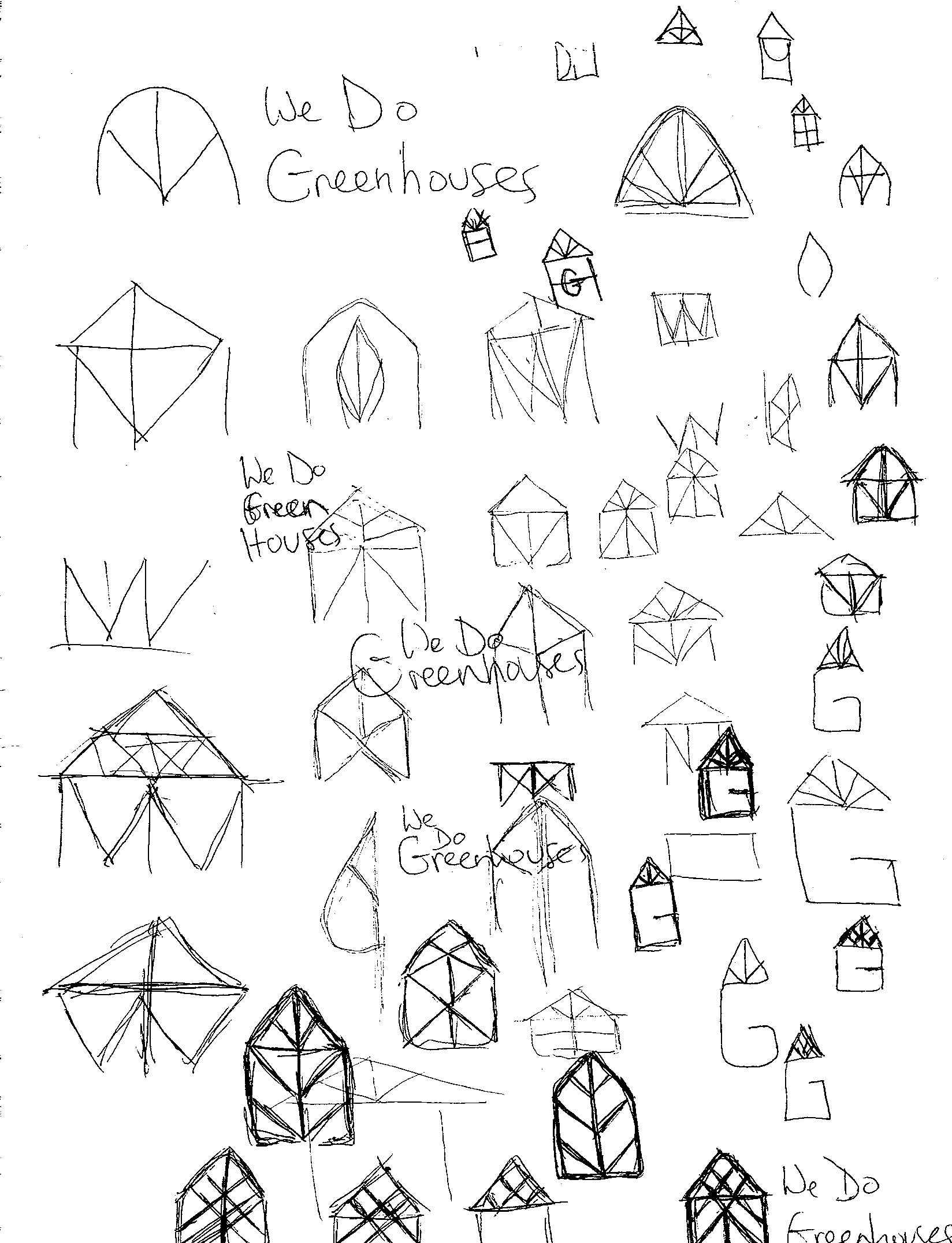Various sketches and iterations of the We Do Greenhouses logo.
