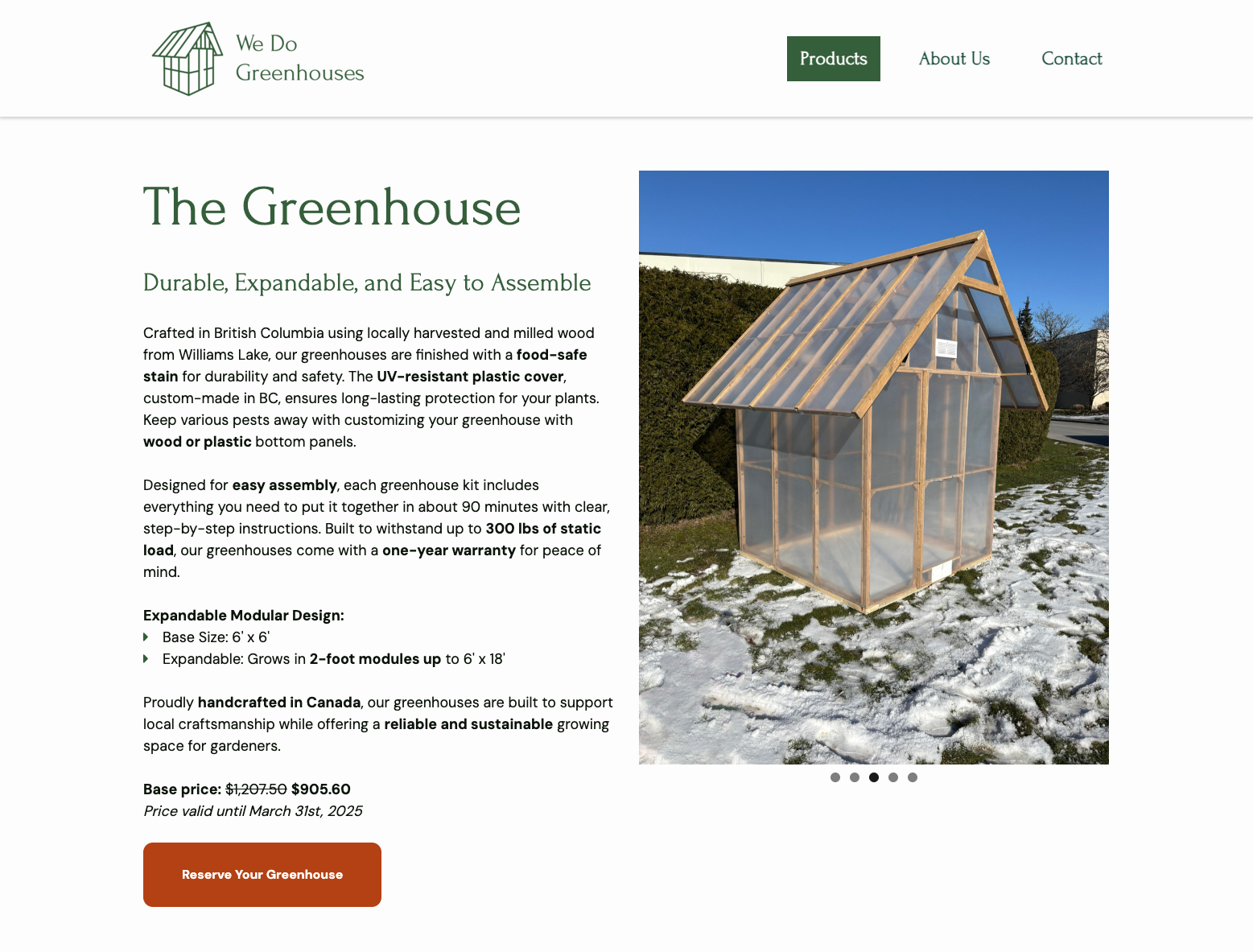 A screenshot of the product information page of the We Do Greenhouses website.
