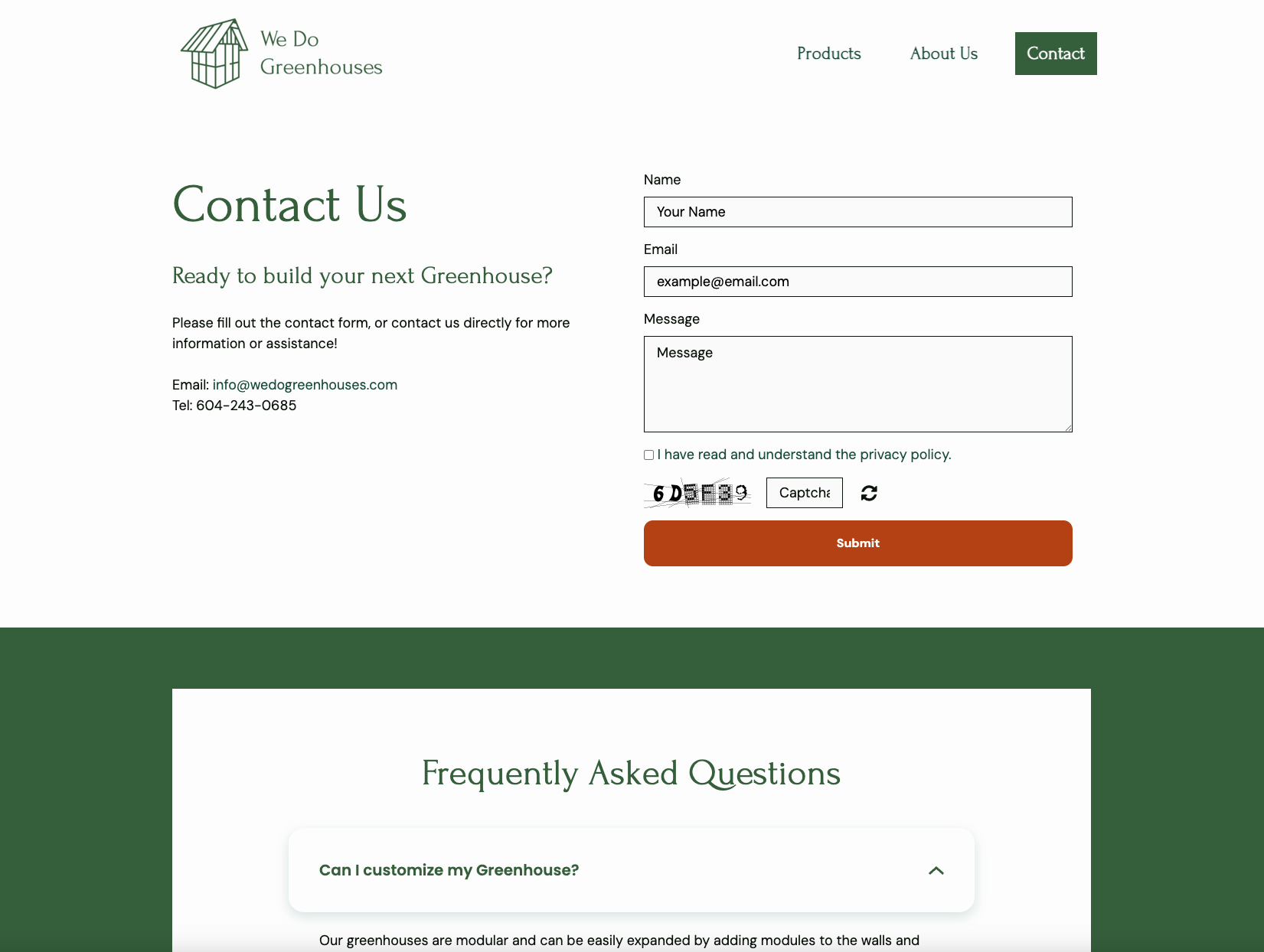A screenshot of the contact page of the We Do Greenhouses website.